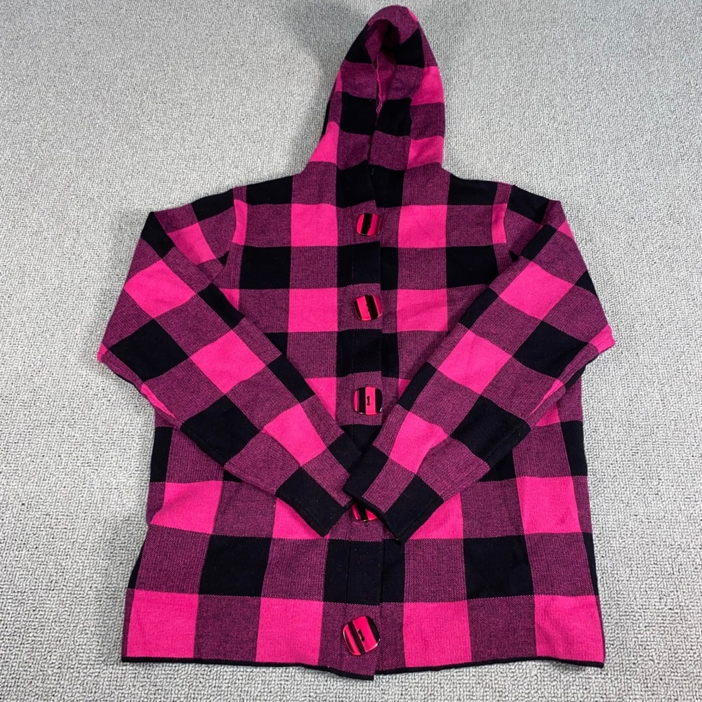 Ethyl Buffalo Plaid Hooded Cardigan Womens Medium Pink Black Button Front Jacket